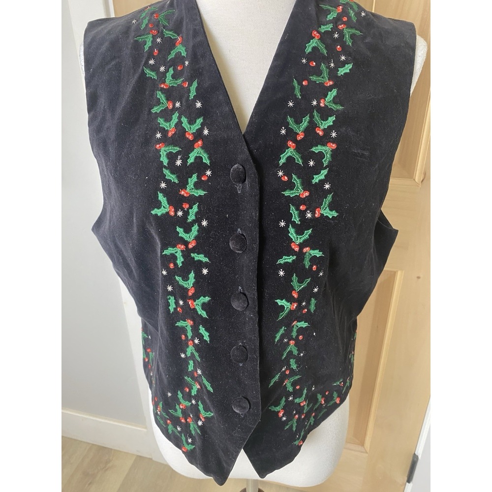 VTG 90's Karen Scott Women's Velvet Vest Holly Christmas Holiday Size PM  EUC